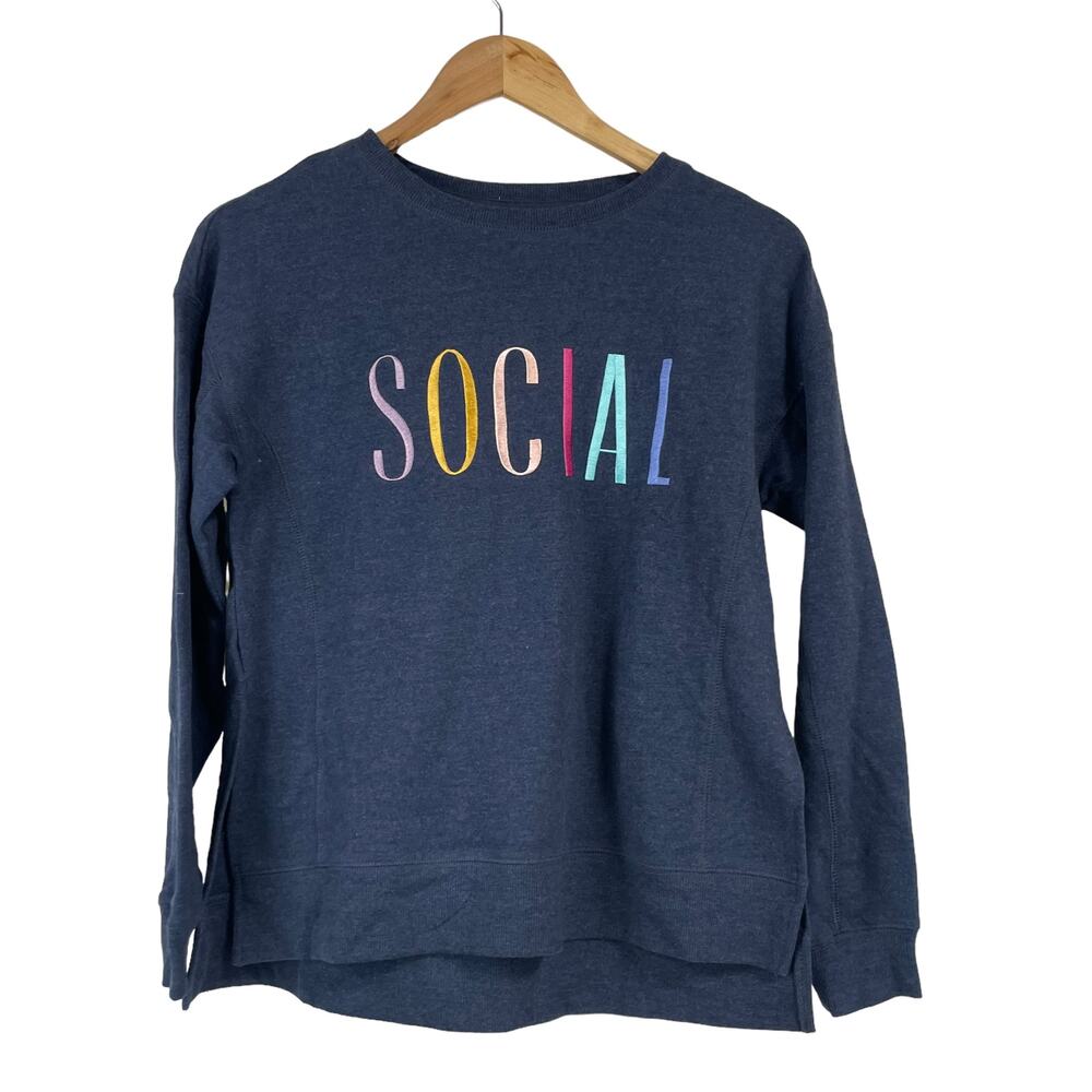 Wildfox NWT Navy Statement “Social” Sweatshirt Side Slits Drop Shoulder Size M - Picture 4 of 10